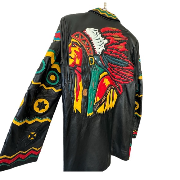 VINTAGE GERUNIMU LEATHER NATIVE INDIAN CHIEF FRINGE BLAZER JACKET SZ S, Mexico - Picture 2 of 12